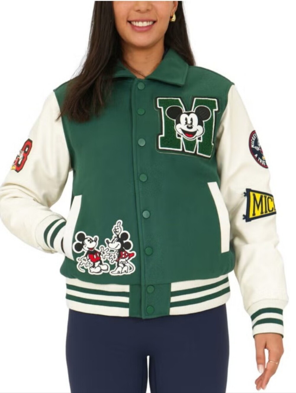 Disney Mickey Mouse Green and Cream Varsity Unisex Jacket Women's Large Mens Med